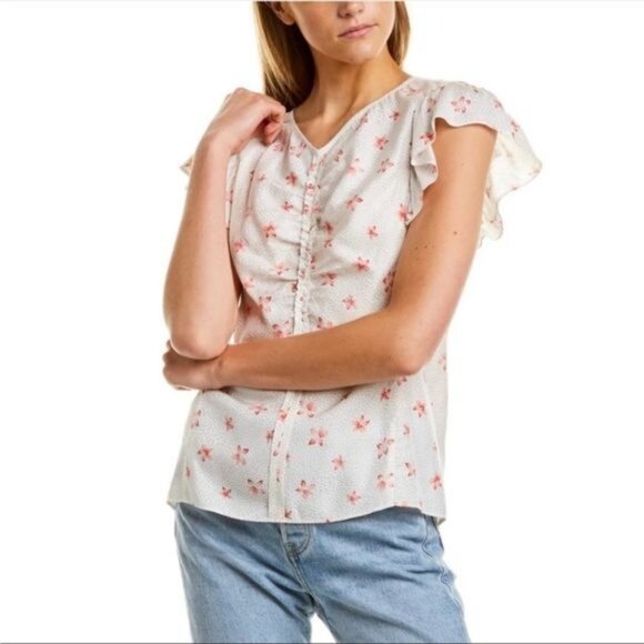 Rebecca Taylor Tops - Rebecca Taylor White and pink Maui Fleur Dot Ruched Floral Silk blend Top size 4